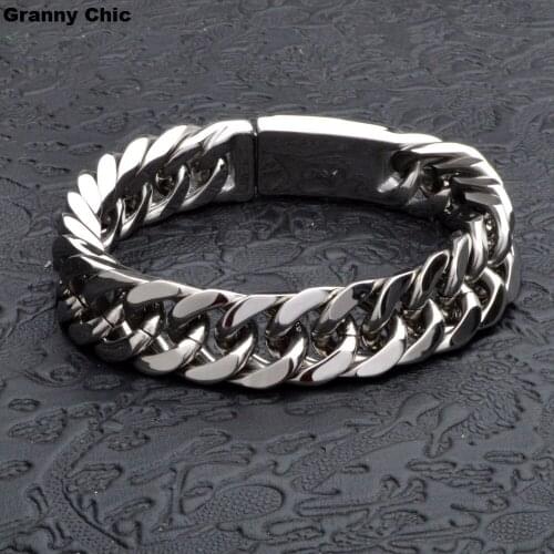 Granny Chic Brand New Fashion Mens Silver Stainless Steel High Quality Curb Chain Heavy Wide Bracelet 14mm 8.66"