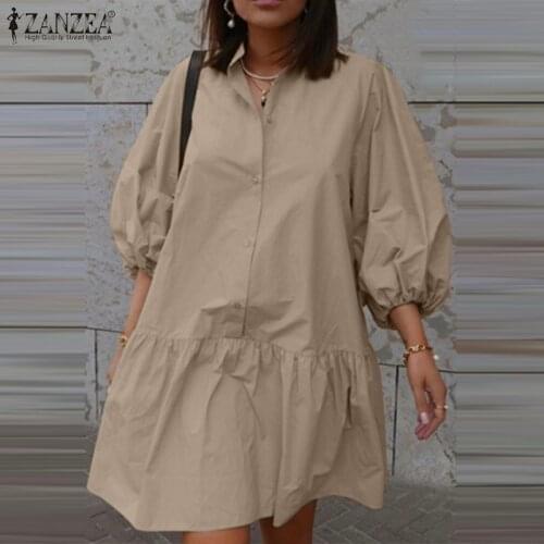 Plus Size Summer Shirt Dress ZANZEA Elegant Women Puff Sleeve Casual Solid Ruffles Dress Buttons Loose Vestidos Kaftan Sundress