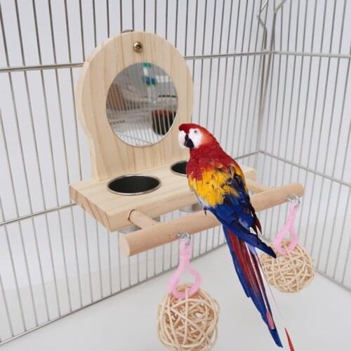 Parrots Mirror Play Stand Platform Wooden Bird Perch Playgym Playground Stainless Steel Feeder Cup Bowls Chewing Rattan Balls