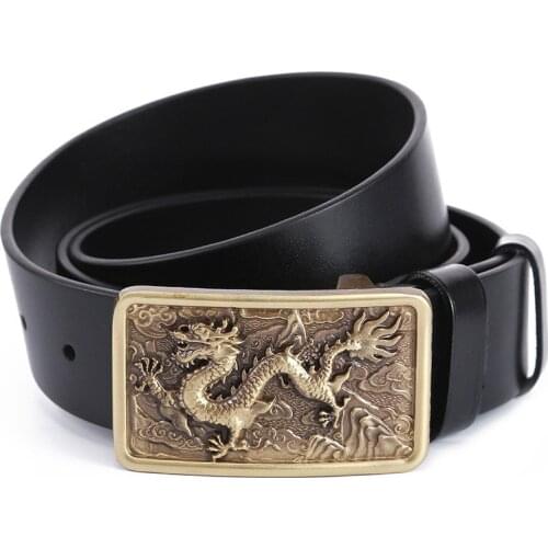 Ta-weo Casual Retro Men Genuine Leather Belts, Stylizing Dragon Pure Copper Smooth Buckle Belt, 1.5'' Wide Jeans Waistband