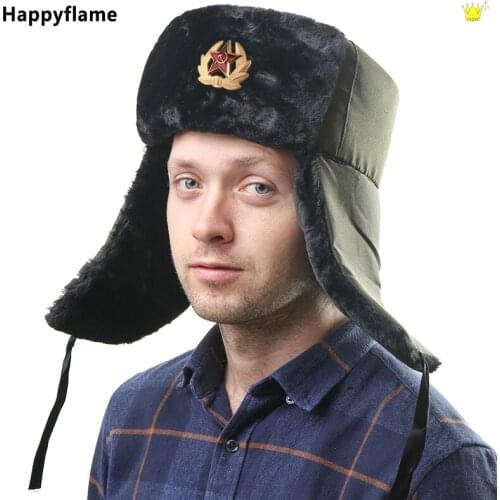 Winter Men Hat Soviet Army Badge Soft Lei Feng Hat Outdoor Windproof Russia Ushanka Bomber Hats Thickened Warm Earflap Snow Hat
