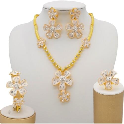 Bridal Dubai Gold Jewelry Sets Women Fashion Flowers Big Pendant Necklace Earrings Ring Bracelet African Wedding Jewellery Set