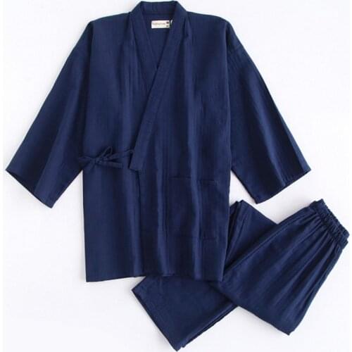Japanese Traditional Man Kimono Yukata Cotton Pajama Set Solid Mens Nightgown Loose Cardigan Lover Indoor Homewear Bathrobe