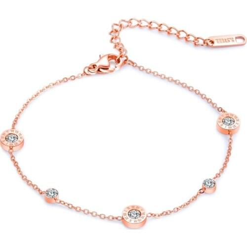 Trendy Four Round Rome number CZ Anklets For Women Rose Gold Color Stainless Steel Foot Chain Jewelry Gift Length adjustable