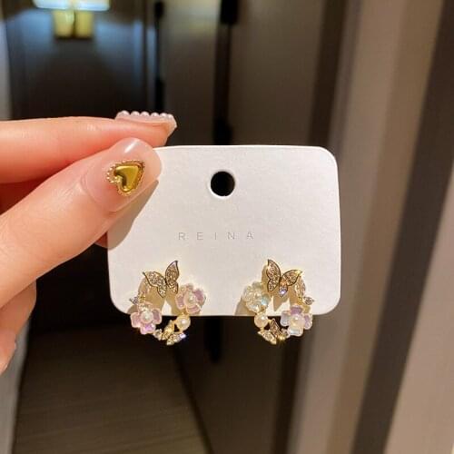 Korean Delicate Zircon Butterflly Stud Earrings For Women Ladies Cute Shell Flower Wreath Jewelry