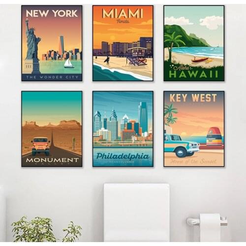 Nordic Vintage Travel Cities Poster New York Hawaii Miami Beach Monument Landscape Art Canvas Painting Wall Pictures Home Decor