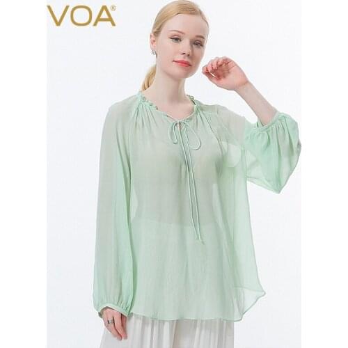 VOA Silk Georgette Green O-Neck Wood Ear Fold Lantern Sleeve Sunscreen Refreshing Micro-transparent Long Sleeve T-shirt BE633