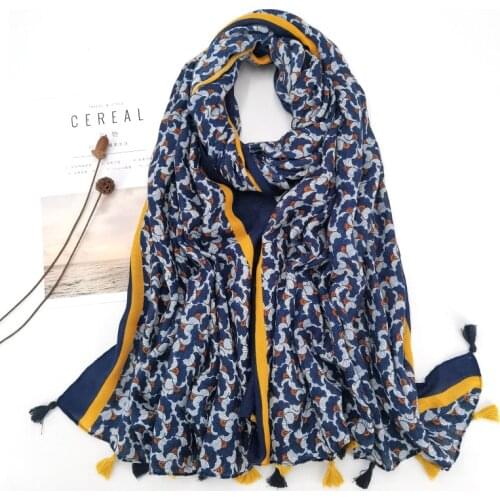 Women Autumn Viscose Shawl Lovely Navy Blue Floral Tassel Pashminas Stole Wrap Thick Echarpe Foulard Femme Muslim Hijab 180*90Cm