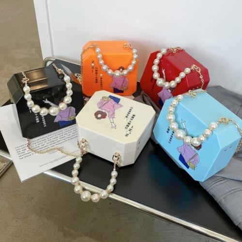 Chinese style character printing pearl handle women chain shoulder crossbody hand bag ladies acrylic box bags