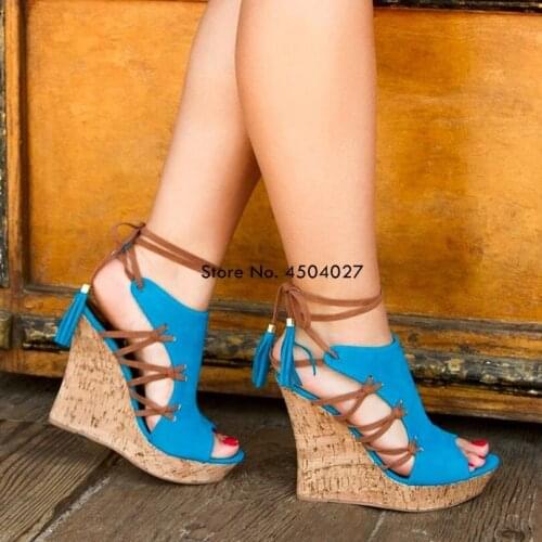 New Wedge Sandals Women Summer Lace Up High Heels Ladies Peep Toe Fringed Party Dress Shoes Orange Blue