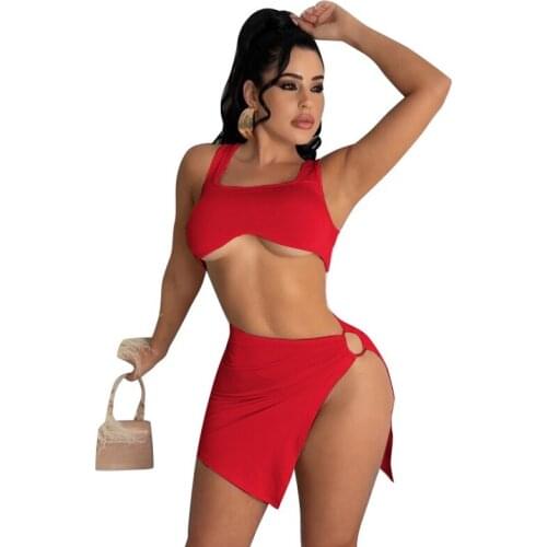 Women Solid Color Strapless Hollow Out Crop Top High Waist Elastic Skinny Mini Skirts Two Pieces Set Female Fashion Outfit