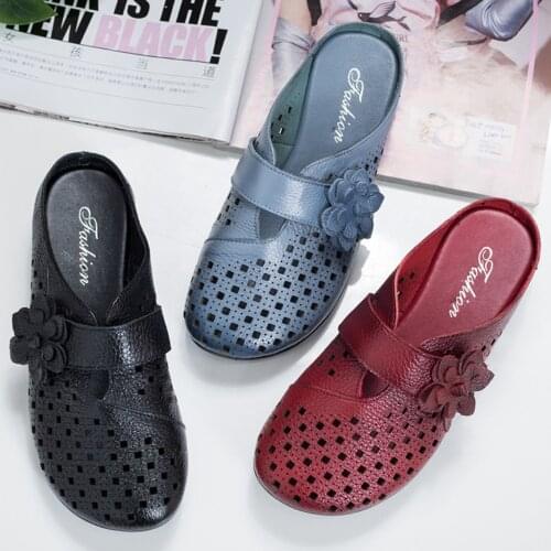 2021 Fashion Cut-outs Women Shoes Slippers Summer Closed Toe Wedge Sandals Genuine Leather Lady Slides Shoes Woman Casual Mules