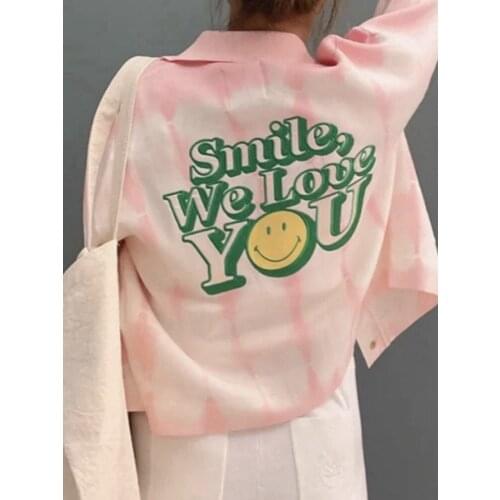 Women Sweater Fall Gradual Dyed Pink and White Cardigan Sweater Coat Letter Smiley Face Pattern Jacket