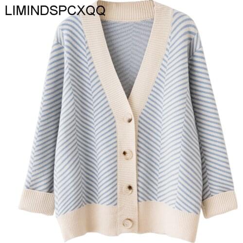 2021 Women Autumn Spring V-Neck Knitted Striped Sweaters Coat Cardigans Long Sleeve Female Poncho Sweaters Pull Femme Tops Loose
