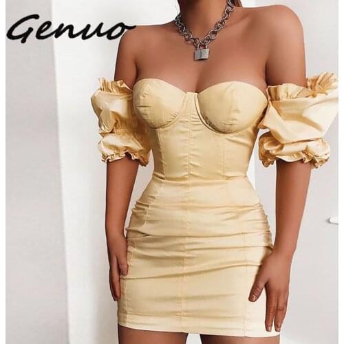 Genuo New Puff Sleeves Bodycon Dress Women 2019 Summer Vintage Push Up Party Dress Yellow Sexy Corset Padded Pencil Dress Mini