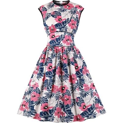 High Waist Summer Beach Floral Dress 2021 Sleeveless Women Ladies Office OL Rockabilly Vestidos Casual Dress SP1297