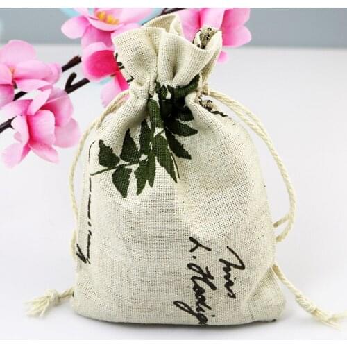 Linen Cotton Drawstring Bag Decorative bags Christmas/Wedding Gift Bags Jewelry Pouch packaging 50pcs 10x14cm Black Leaf Pattern