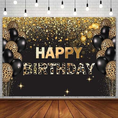 Black Leopard Balloon Backdrop Woman Happy Birthday Party Gold Dot Bokeh Photography Background Photostudio Photozone Decor Prop