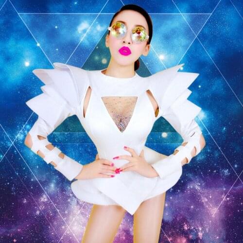 Sexy Atmosphere White Rhinestone Bodysuit Dj Bar Female Singer Jazz Costume Jumpsuits One Piece Dance Collar Ds Outfit