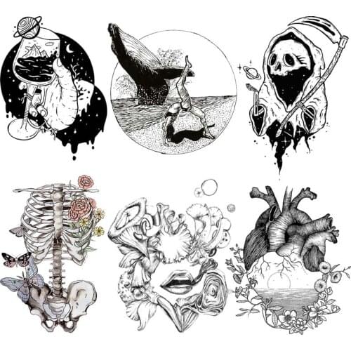 Black And White Punk Skull Iron-on Transfers For Clothing Skeleton Heart Heat Thermal Transfer For Clothes Washable Stickers DIY