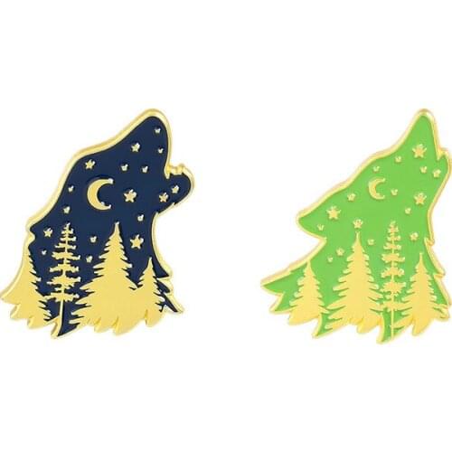 Cartoon Animal Howling Wolf Enamel Pins Starry Night Forest Brooches Bag Shirt Lapel Badge Fashion Jewelry Gift for Friends Kids