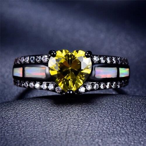 Bamos White Fire Opal Ring Blue Muticolor Purple/Green/Red Heart CZ Ring For Women Men Punk Black Gold Filled Vintage Jewelry
