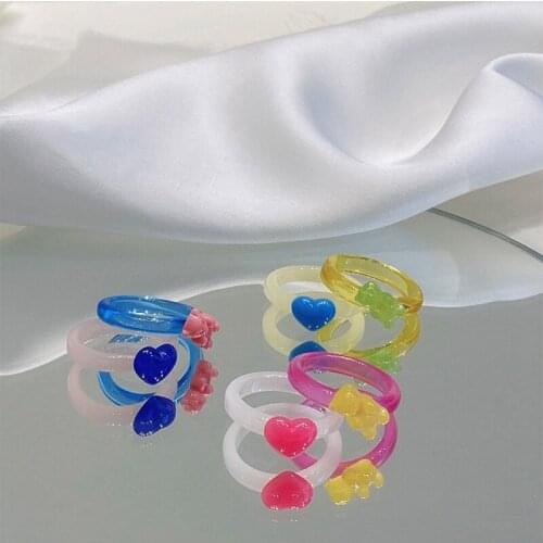 Heart Shaped Acrylic Green Ring Multicolor Animal Pink Cute Blue Wedding Bands Ring for Children Women Girls Jewelry Party Gifts