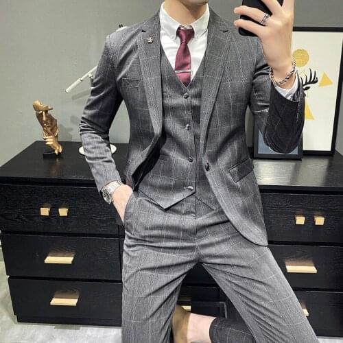3 Pcs Set Blazers Jacket Pants Vest / 2021 Fashion New Mens Slim Boutique Business Wedding Groom Plaid Dress Suit Coat Trousers