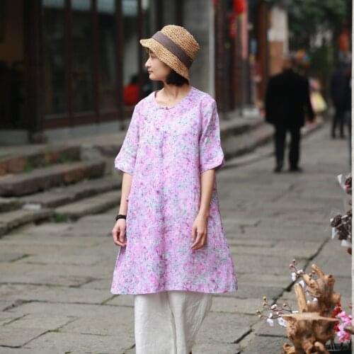 Y797 Summer Wear Long Fund Ramie Printing Improvement Cheongsam Pankou T Pity Pink Colour Petal