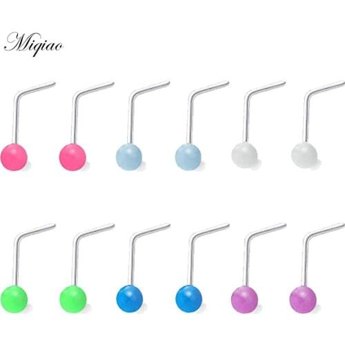 Miqiao 2pcs Fashionable Simple Acrylic Luminous Ball Stainless Steel L Rod Nose Nail Body Piercing Jewelry