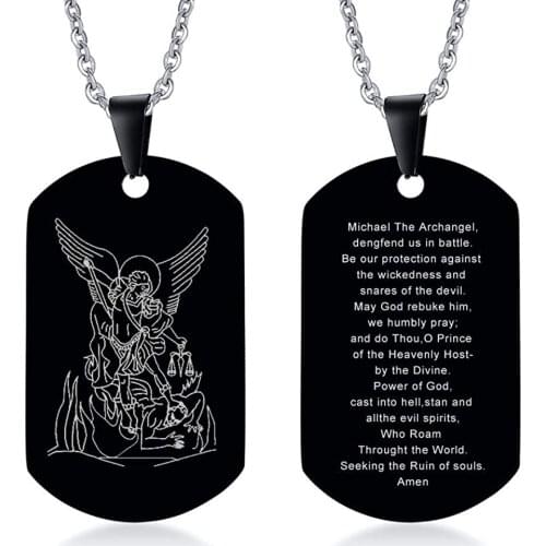 Stainless Steel St Michael The Archangel English/Latin Prayer Dog Tag Necklace Military Pendant for Men Christian Faith Jewelry