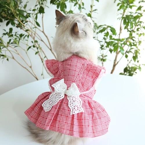 Dog Clothes Cat Dress Ruffle Lace Sleeve Spring Autumn Breathable Bowknot Pet Cat Clothing Chihuahua Soft Dogs Princess Skirts