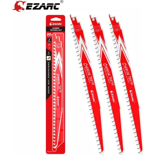 EZARC 3Pcs Carbide Reciprocating Saw Blade R1243HM Endurance for Hard Wood，9 & 12-Inch 3TPI, 3-Pack
