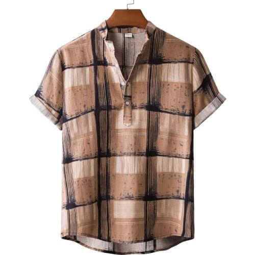 New Plaid Cotton Linen Mens Shirt Summer Casual Short Sleeve Tops Mens Vintage Buttons Stand Collar Tee Holiday Shirts Tops