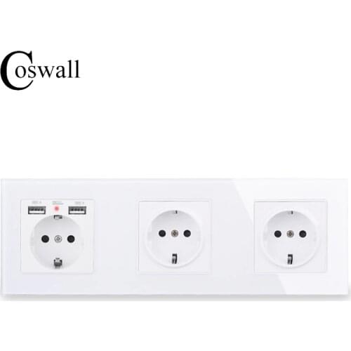 COSWALL 16A 1/2/3/4/5 Gang Russia Spain EU Standard Wall Socket + Dual USB Charge Port Hidden Soft LED Indicator Glass Panel