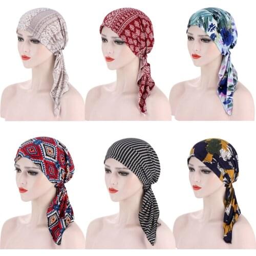 Muslim Women Head Scarf Chemo Hat Printed Turban Pre-Tied Headwear Bandana Cancer Hair Loss Head Scarf Head Wrap Stretch Caps