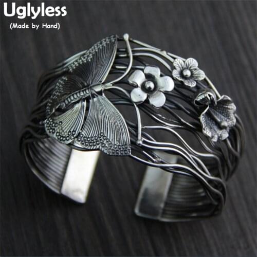 Uglyless Real S925 Vulcanized Thai Silver Women Retro Jewelry Exaggerate Ethnic Butterfly Bangles Flower Hollow 40MM Wide Bangle