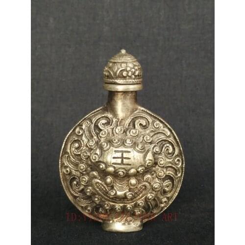 YIZHU CULTUER ART Collection Old Chinese Handcraft Carvings Lion Head Silver Antique Snuff Bottle