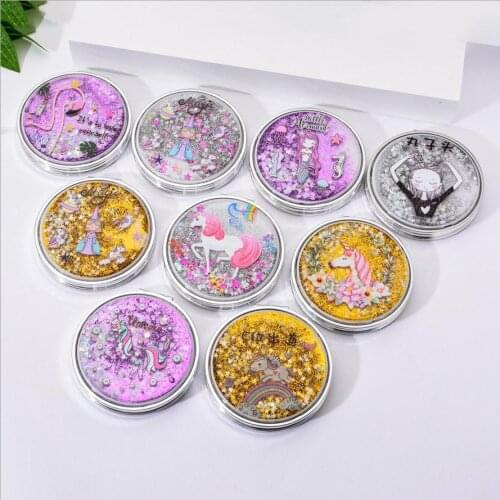 Unicorn Makeup Mirror Compact Pocket Portable Double-Sided Folding Cosmetic Mirror Gifts With flowing sparkling sand T0243