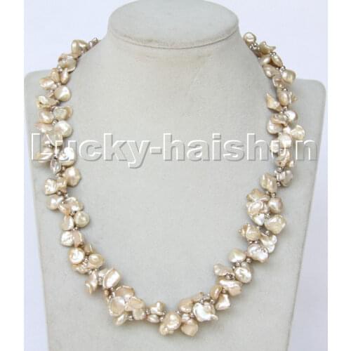 AAA 20" 2row 10mm Baroque champagne Reborn keshi pearl necklace 18KGP clasp c285