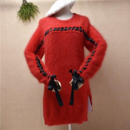 Ladies women fashion red bowtie hairy mink cashmere knitted long sleeves slim blouses pullover angora fur jumper sweater dress