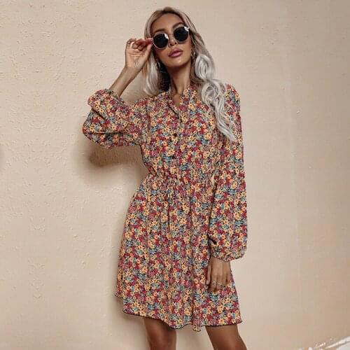 Women Short Dress Floral Printed Long Lantern Sleeve Mini Dress Elegant Female Ladies Clothes Autumn Spring Fashion Sundress New