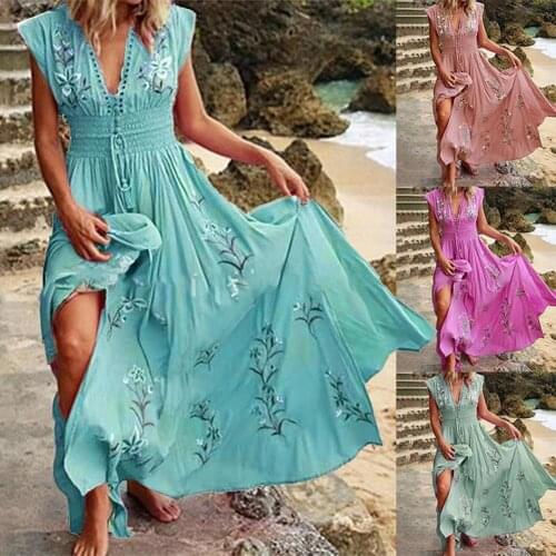 2021 Vintage Printed Casual Lady Dress Women Maxi Dress Sleeveless V Neck Floral Print Large Hem Elegant Sleeveless Long Dresses