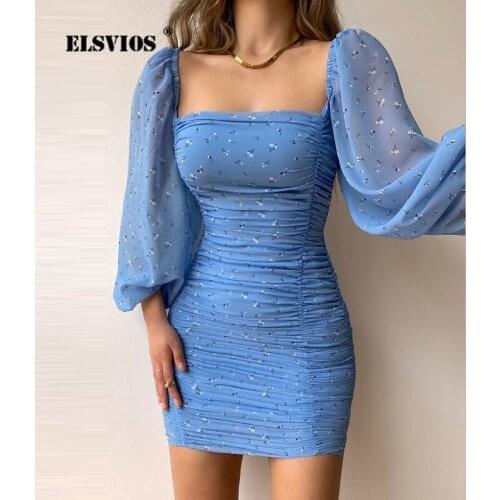 2021 Autumn Winter Womens Fashion French Square Collar Puff Long Sleeve Chiffon Dress Floral Print Slim Elegant Bodycon Dresses