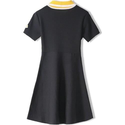 Summer Luxury Women Floral Embroidery Knitted Shirt Turn-down Collar Dress Short Sleeve Vintage Lady Party A-Line Sweater Dress