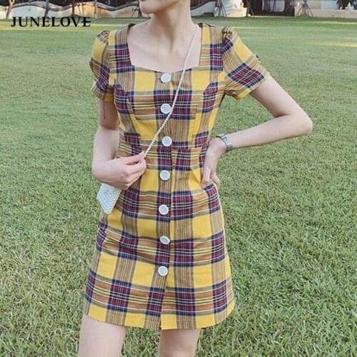 Bella Philosophy Summer Short Sleeve Mini Dress Vintage Plaid Female Square Collar Boho Dress Casual Street Lady French Vestidos