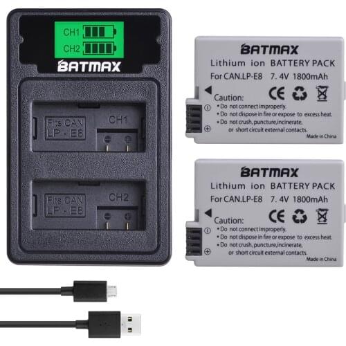 2Pc LP-E8 LP E8 Battery Bateria + LCD USB Charger Type C for Canon 550D 600D 650D 700D X4 X5 X6i X7i T2i T3i T4i T5i DSLR Camera