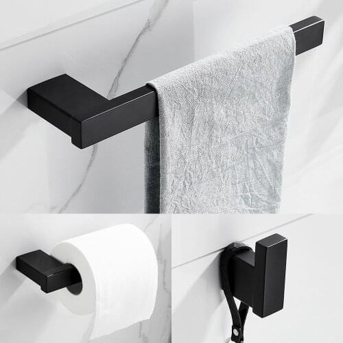 3Pcs Bathroom Wall Mount Towel Rack Bar Set Matte Black Decoration Accessories Stainless Steel Toilet Paper Robe Hook