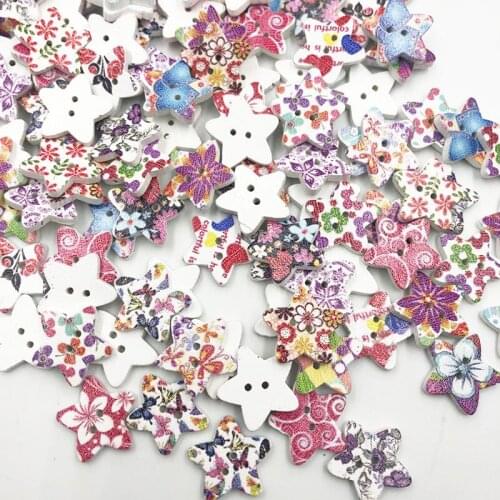 50pcs Mixed Star Flower Pattern Painting Wood Sewing Buttons 17mm WB735