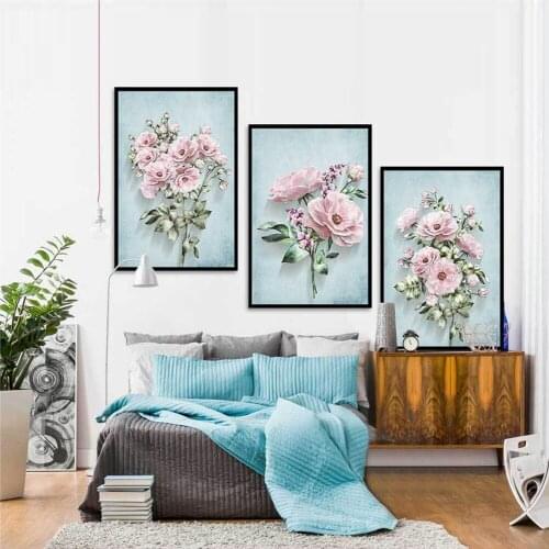 European Simple Pink Rose Canvas Painting Fresh Plant Flowers Spray Poster Wall Art Pictures For Living Room Study Home Decor